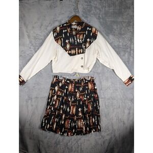 Banjo Dallas Vintage Southwestern Two Piece Set Jacket Tiered Skirt Black White